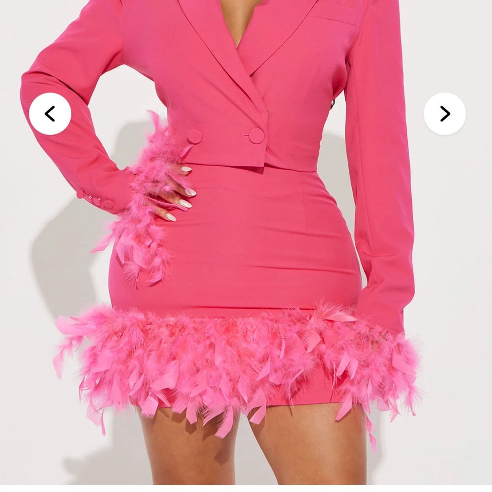 Chic Pink Feathered Blazer and Skirt set